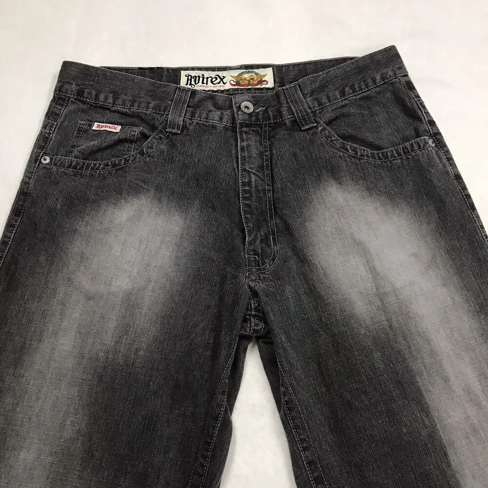 Vintage AVIREX Eagle Baggy Wide Leg Jeans Men 38x34 Gray Faded Y2K Hip Hop Skate